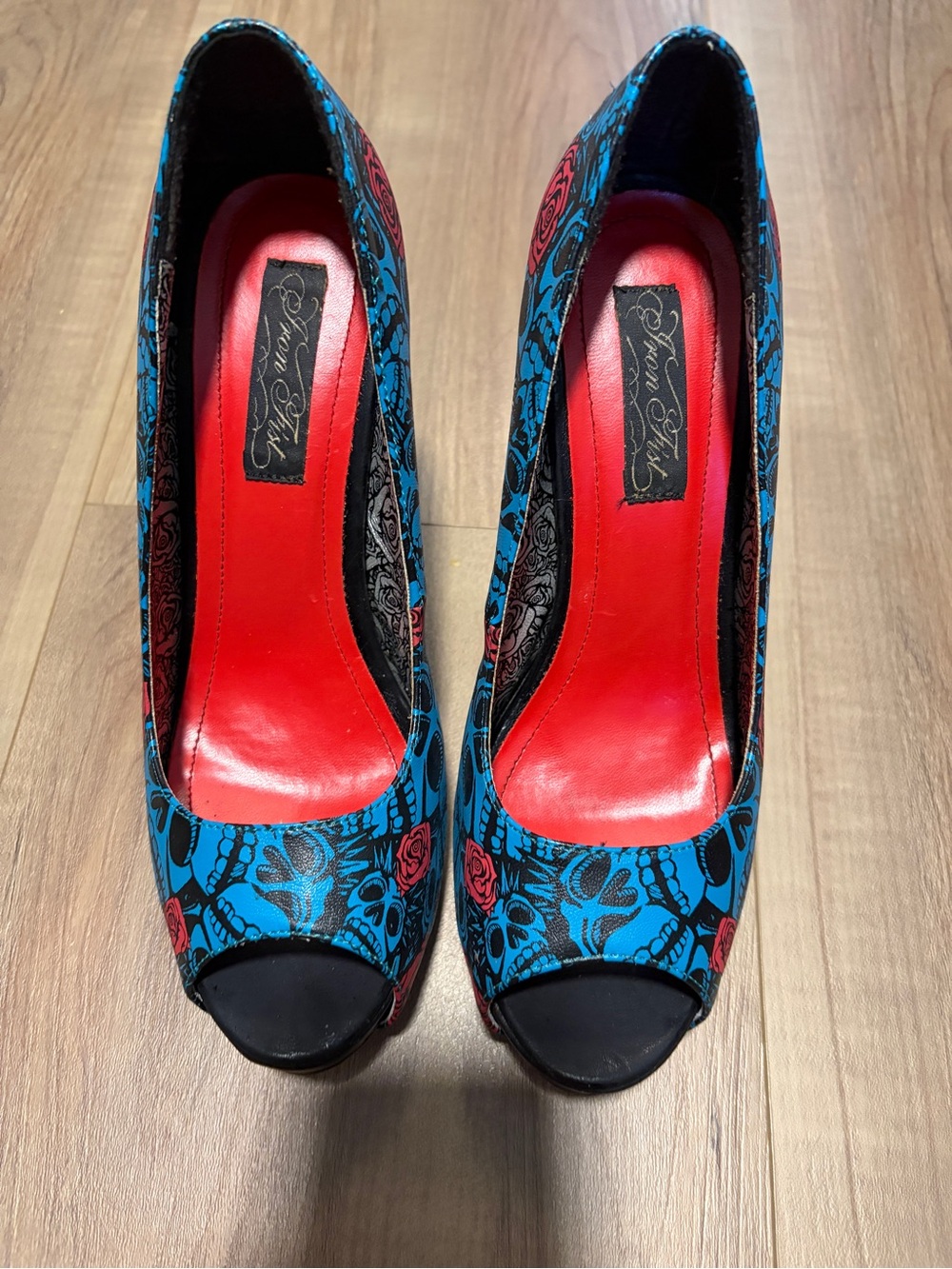 Iron Fist Bold Blue Skull & Rose Peep-Toe Heels - Women
